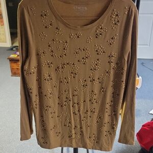 Chico's Embellished Brown Long Sleeve Top
